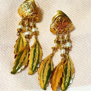 Tabra Leaf and Fresh Water Pearl Signed Earrings